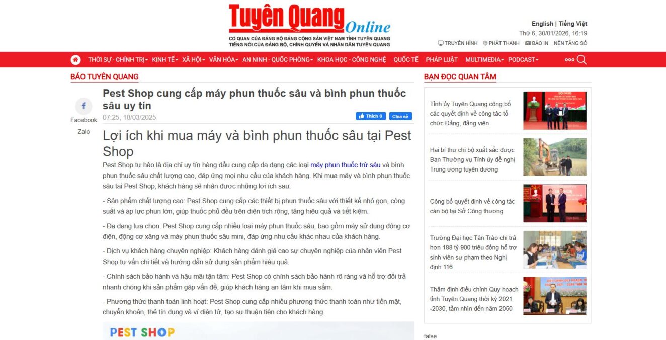 Pest Shop được Báo Tuyên Quang đề cử là đơn vị cung cấp máy phun thuốc sâu và bình phun thuốc sâu uy tín